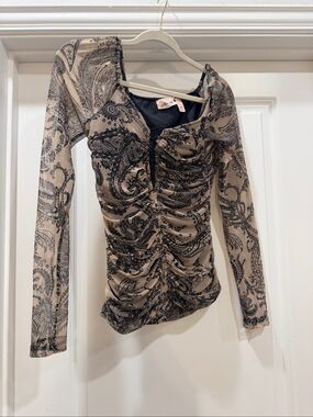 Willow & Root Ruched Sheer Mesh Floral Long Sleeve Top Black Blouse Womens XS